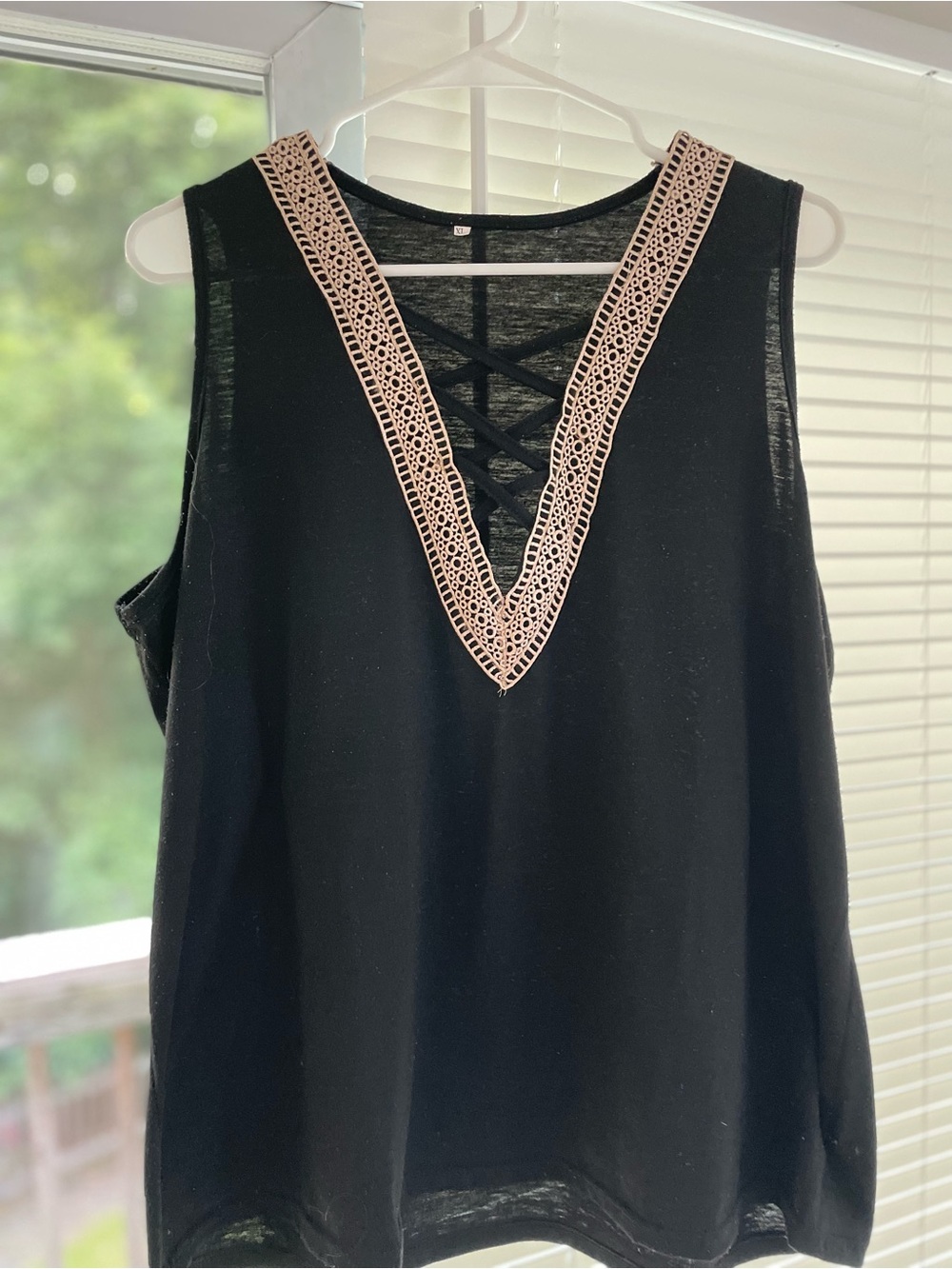 Sexy & Classic Black V-Neck Tank with Cream Lace Trim and Crisscross